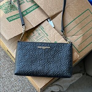 Karl Lagerfeld Black Quilted Rose Crossbody Pouch with Gold Accents